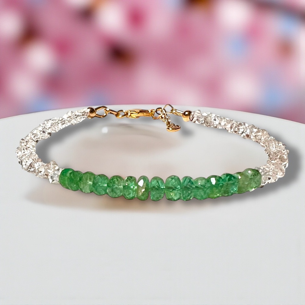 Natural Herkimer Diamond| Emerald Bracelet 14k Yellow Gold Filled 6.75" - 7.4"